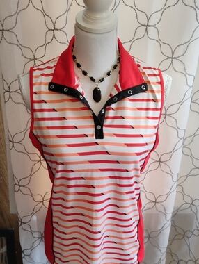 Tail Coral and White Striped Sleeveless Polo Tank